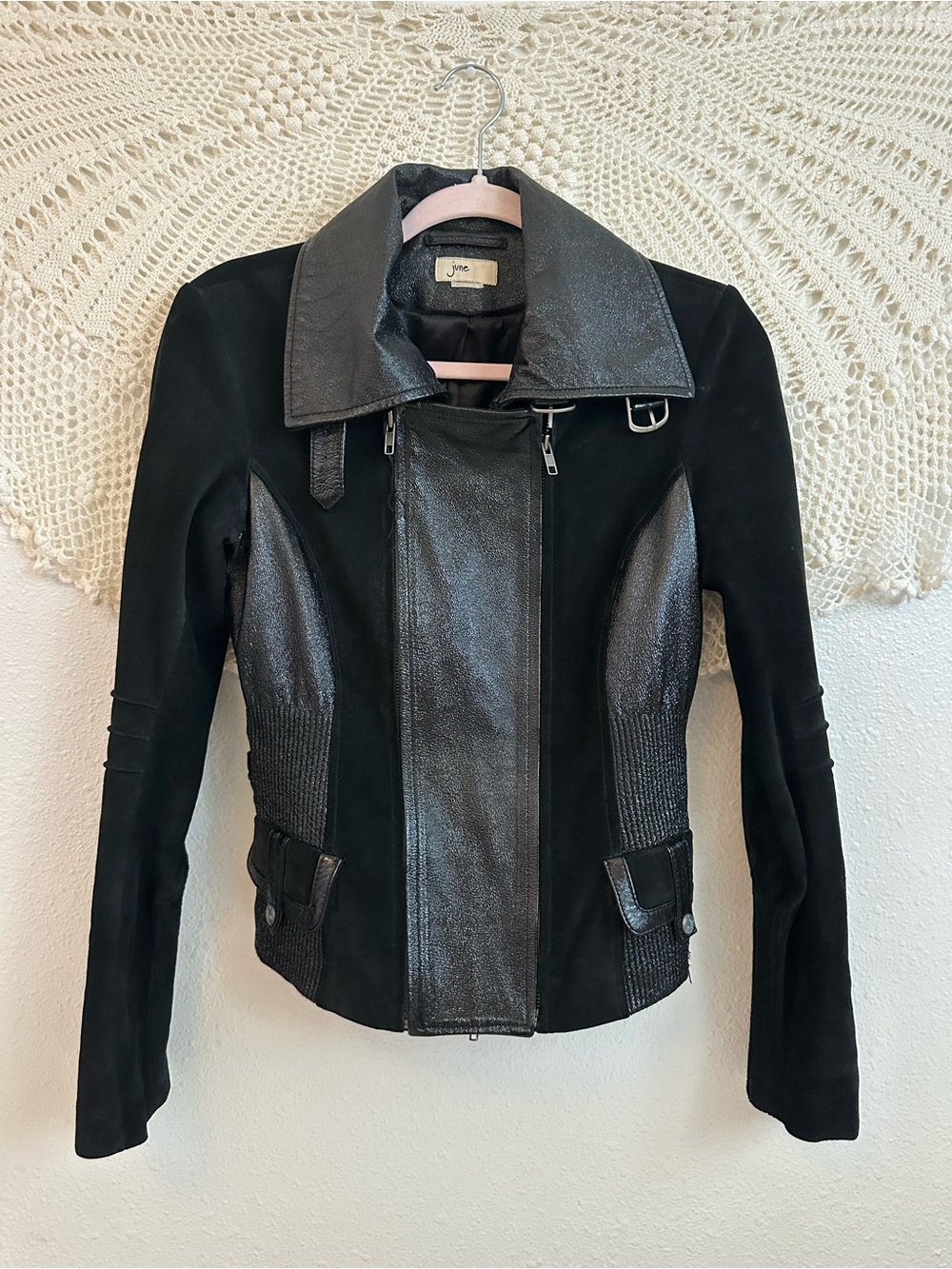 June Black Leather Suede Moto Jacket Buckle Detail Zip Front